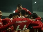 Liverpool's Mohamed Salah celebrates with teammates. (AP Photo/Ian Hodgson)