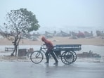 A man pulls his three-wheeler cart amid heavy wind and rainfall at the Marina Beach in Chennai. (File)