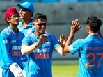 India''s Samarth Nagaraj, right, celebrates the wicket of Pakistan's Shahzaib Khan with teammates. (AP Photo/Ahmed Ramzan) India''s Samarth Nagaraj, right, celebrates the wicket of Pakistan's Shahzaib Khan with teammates. (AP Photo/Ahmed Ramzan)