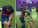 The image shows a footballer pinching an opponent player’s genitals. The image shows a footballer pinching an opponent player’s genitals.