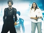Diljit Dosanjh and Deepika Padukone on stage at his Bengaluru concert. Diljit Dosanjh and Deepika Padukone on stage at his Bengaluru concert.