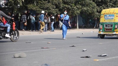 Slippers and shoes spread after lathi charge on BPSC candidates during their demonstration outside of Bihar Public Service Commission (BPSC) office in Patna in protest against the  change in rules of the 70th BPSC Preliminary examination on Friday. (Santosh Kumar/ Hindustan Times)