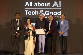 Harsh Mariwala, Founder and Chairman at Marico, Arundhati Bhattacharya, Chairperson & CEO at Salesforce India present the All About AI Tech4Good Awards along side Puneet Jain and Binoy Prabhakar from HT Digital Streams.