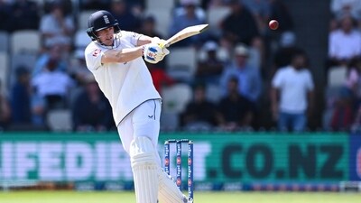 England's Harry Brook took his side past the mark with a double. (AP) England's Harry Brook took his side past the mark with a double. (AP)