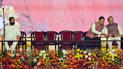 Mumbai, India - Dec. 5, 2024:Eknath Shinde, Devendra Fadnavis and Ajit Pawar arrives for the swearing ceremony at Azad Maidan, in Mumbai, India, on Thursday, December 5, 2024.  (Photo by Anshuman Poyrekar/ Hindustan Times) (Hindustan Times)