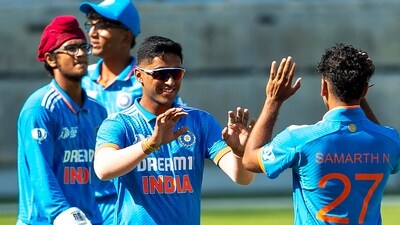 India''s Samarth Nagaraj, right, celebrates the wicket of Pakistan's Shahzaib Khan with teammates. (AP Photo/Ahmed Ramzan) (AP) India''s Samarth Nagaraj, right, celebrates the wicket of Pakistan's Shahzaib Khan with teammates. (AP Photo/Ahmed Ramzan) (AP)