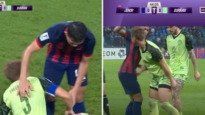 The image shows a footballer pinching an opponent player’s genitals. (YouTube/The AFC Hub) The image shows a footballer pinching an opponent player’s genitals. (YouTube/The AFC Hub)