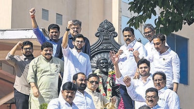 Mumbai, India. Dec 07, 2024: MLAs from the Maha Vikas Aghadi (MVA) alliance boycott the oath-taking ceremony of the newly elected Maharashtra assembly as a mark of protest against the misuse of EVMs in the recent polls. Mumbai, India. Dec 07, 2024. (Photo by Raju Shinde/HT Photo) (Hindustan Times) Mumbai, India. Dec 07, 2024: MLAs from the Maha Vikas Aghadi (MVA) alliance boycott the oath-taking ceremony of the newly elected Maharashtra assembly as a mark of protest against the misuse of EVMs in the recent polls. Mumbai, India. Dec 07, 2024. (Photo by Raju Shinde/HT Photo) (Hindustan Times)