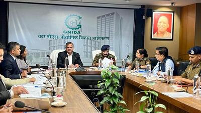 The chief secretary, accompanied by director general of police (DGP) Prashant Kumar, was presiding over the meeting participated by officials of the Noida, Greater Noida, and Yamuna Expressway Industrial Development Authority (Yeida), along with police and district administration officials at the Greater Noida authority office. (HT Photos)