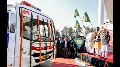 Union health minister JP Nadda, Haryana chief minister Nayab Singh Saini and state minister Anil Vij flag off a 100-day nationwide campaign to reduce TB incidence and mortality, in Panchkula on Saturday. (ANI)