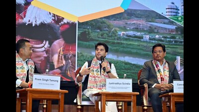 Union minister Jyotiraditya Scindia with Sikkim chief minister Prem Singh Tamang and his Meghalaya counterpart Conrad Sangma at the Ashtalakshmi Mahotsav, at Bharat Mandapam in New Delhi. (ANI PHOTO) Union minister Jyotiraditya Scindia with Sikkim chief minister Prem Singh Tamang and his Meghalaya counterpart Conrad Sangma at the Ashtalakshmi Mahotsav, at Bharat Mandapam in New Delhi. (ANI PHOTO)