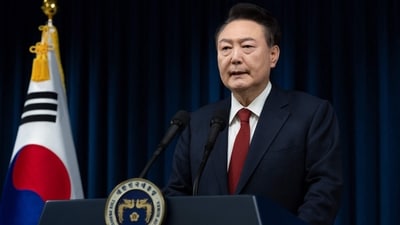 South Korea's President Yoon Suk Yeol delivering an address at the Presidential Office in Seoul. (AFP) South Korea's President Yoon Suk Yeol delivering an address at the Presidential Office in Seoul. (AFP)