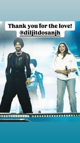 Diljit Dosanjh and Deepika Padukone on stage at his Bengaluru concert. Diljit Dosanjh and Deepika Padukone on stage at his Bengaluru concert.