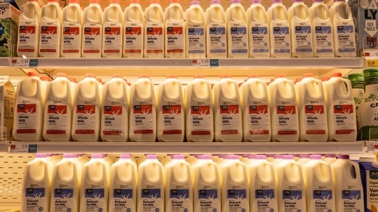 Milk displayed for sale at a Whole Foods Market Daily Shop ahead of opening in the Upper East Side neighborhood of New York, US, on Tuesday, Sept. 17, 2024. Whole Foods Market is opening new small-format stores aimed at serving quick-trip urban consumers, with its first set to open on Sept. 18 in New York. Photographer: Yuki Iwamura/Bloomberg (Bloomberg)