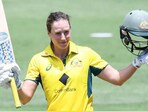 Ellyse Perry celebrates her century vs India at the Allan Border Field, Brisbane. Ellyse Perry celebrates her century vs India at the Allan Border Field, Brisbane.