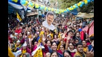 New Delhi: AAP National Convener Arvind Kejriwal's supporters during his ‘padyatra’ in Karol Bagh area ahead of the Delhi Assembly elections, in New Delhi. (PTI Photo) (PTI)