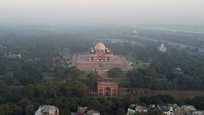 A view of Humayun’s Tomb covers in a thin layer of haze as air quality remains in the 'moderate' category as per the Central Pollution Control Board (CPCB), in New Delhi on Saturday. (Video Grab)