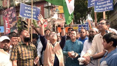 TMC leader Kunal Ghosh during a protest rally against alleged atrocities on minorities in Bangladesh, in Kolkata on Sunday. (ANI Photo) (Sudipta Banerjee ) TMC leader Kunal Ghosh during a protest rally against alleged atrocities on minorities in Bangladesh, in Kolkata on Sunday. (ANI Photo) (Sudipta Banerjee )