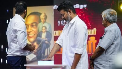 Actor and TVK president Vijay during the launch of book ‘Ambedkar: Leader for AlI’ in Chennai on Friday (PTI)