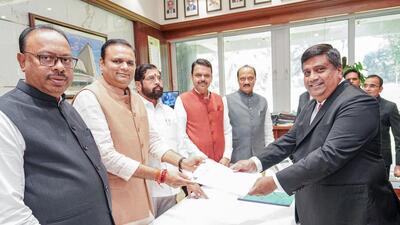 Bharatiya Janata Party (BJP) leader Rahul Narwekar files his nomination for Speaker of Maharashtra Legislative Assembly in presence of state chief minister Devendra Fadnavis, Dy CMs Ajit Pawar and Eknath Shinde, BJP state chief Chandrashekhar Bawankule, in Mumbai on Sunday. (Dev_Fadnavis-X) Bharatiya Janata Party (BJP) leader Rahul Narwekar files his nomination for Speaker of Maharashtra Legislative Assembly in presence of state chief minister Devendra Fadnavis, Dy CMs Ajit Pawar and Eknath Shinde, BJP state chief Chandrashekhar Bawankule, in Mumbai on Sunday. (Dev_Fadnavis-X)