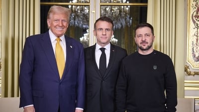 Volodymyr Zelensky ripped over casual fashion choice during meeting with Donald Trump and Emmanuel Macron (Photo by HANDOUT / UKRAINIAN PRESIDENTIAL PRESS SERVICE / AFP) (AFP)