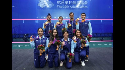Hangzhou, Oct 04 (ANI): India's squash mixed doubles duo of Abhay Singh and Anahat Singh wins a bronze medal at the Asian Games 2023, in Hangzhou on Wednesday. (ANI Photo) (SAI Media twitter) Hangzhou, Oct 04 (ANI): India's squash mixed doubles duo of Abhay Singh and Anahat Singh wins a bronze medal at the Asian Games 2023, in Hangzhou on Wednesday. (ANI Photo) (SAI Media twitter)