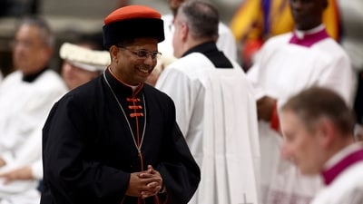 New Cardinal George Jacob Koovakad attends a consistory ceremony to elevate Roman Catholic prelates to the rank of cardinal, in Saint Peter's Basilica at the Vatican, (REUTERS)