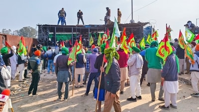 Patiala: Protesting farmers during their foot march towards Delhi to press their various demands, including a legal guarantee for Minimum Support Price. (PTI)