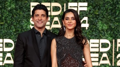 Farhan Akhtar and his wife Shibani Dandekar pose on the red carpet of the premiere of Superboys of Malegaon, during the the 4th edition of the Red Sea International Film Festival. (AFP) Farhan Akhtar and his wife Shibani Dandekar pose on the red carpet of the premiere of Superboys of Malegaon, during the the 4th edition of the Red Sea International Film Festival. (AFP)