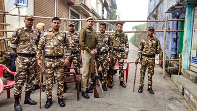 Security personnel deployed to maintain law and order, a day after clashes between police and protesters opposing the survey of the Jama Masjid in Sambhal (PTI)