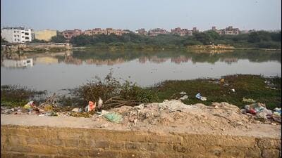 The water body behind Vasant Kunj E1 Block in New Delhi on Monday. (Vipin Kumar/HT Photo)