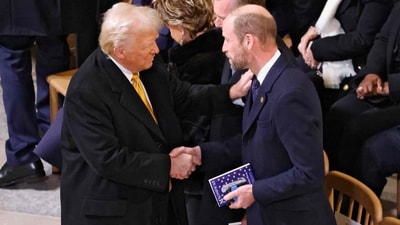 US President-elect Donald Trump shakes hands with Britain's Prince William, Prince of Wales inside Notre-Dame Cathedral. (AFP) US President-elect Donald Trump shakes hands with Britain's Prince William, Prince of Wales inside Notre-Dame Cathedral. (AFP)