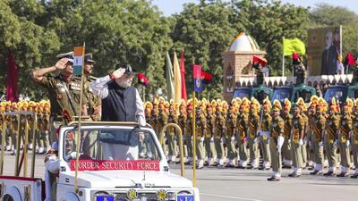 Union home minister Amit Shah at the 60th Border Security Force (BSF) Raising Day event in Jodhpur on Sunday. (PTI) Union home minister Amit Shah at the 60th Border Security Force (BSF) Raising Day event in Jodhpur on Sunday. (PTI)