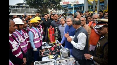 Union railway minister Ashwini Vaishnaw during inspection in Prayagraj on Sunday (HT) Union railway minister Ashwini Vaishnaw during inspection in Prayagraj on Sunday (HT)