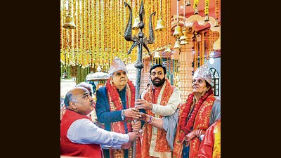 Vice President Jagdeep Dhankhar with Haryana chief minister Nayab Saini visits Shaktipeeth Shri Devikup Bhadrakali Temple in Kurukshetra on Sunday. (PTI) Vice President Jagdeep Dhankhar with Haryana chief minister Nayab Saini visits Shaktipeeth Shri Devikup Bhadrakali Temple in Kurukshetra on Sunday. (PTI)