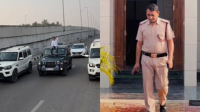 A viral video of a boy on a car roof, claiming his policeman father would protect him, sparked outrage. (Instagram/rakshit.beniwal.77)