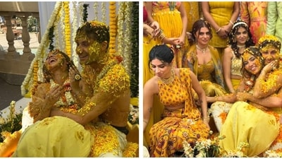 Aaliyah Kashyap and Shane Gregoire are all smiles at their haldi ceremony. Aaliyah Kashyap and Shane Gregoire are all smiles at their haldi ceremony.