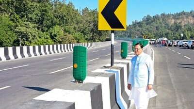 Uttarakhand Chief Minister Pushkar Singh Dhami during inspection of the construction works of Delhi-Dehradun expressway. (PTI)