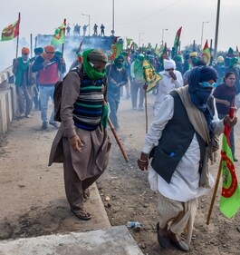 Patiala: Tear gas being used to disperse protesting farmers at Shambhu Border. (PTI)