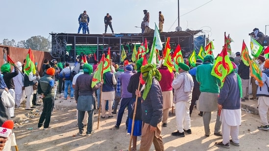 Patiala: Protesting farmers during their foot march towards Delhi to press their various demands, including a legal guarantee for Minimum Support Price. (PTI)