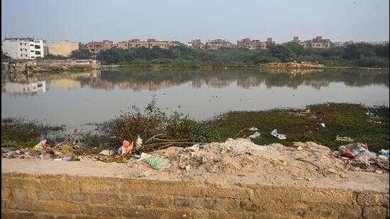 The water body behind Vasant Kunj E1 Block in New Delhi on Monday. (Vipin Kumar/HT Photo)