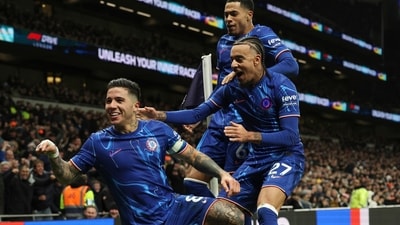 Chelsea's Enzo Fernandez celebrates with his teammates after scoring his side's third goal. (AP Photo/Ian Walton) (AP) Chelsea's Enzo Fernandez celebrates with his teammates after scoring his side's third goal. (AP Photo/Ian Walton) (AP)