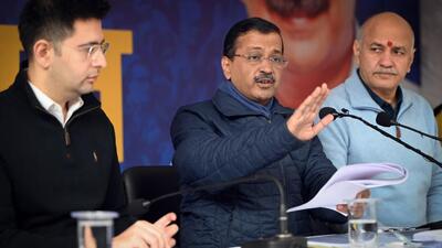 Aam Aadmi Party (AAP) National Convener Arvind Kejriwal addresses a press conference on voter list ahead of Delhi assembly elections, in the presence of former deputy chief ministter Manish Sisodia and MP Raghav Chadha, at party office, in New Delhi. (Ajay Aggarwal/HT) Aam Aadmi Party (AAP) National Convener Arvind Kejriwal addresses a press conference on voter list ahead of Delhi assembly elections, in the presence of former deputy chief ministter Manish Sisodia and MP Raghav Chadha, at party office, in New Delhi. (Ajay Aggarwal/HT)