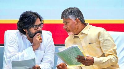 Andhra Pradesh Chief Minister N. Chandrababu Naidu and Deputy CM Pawan Kalyan during the NDA legislative party meeting, in Mangalagiri of Guntur district (PTI) Andhra Pradesh Chief Minister N. Chandrababu Naidu and Deputy CM Pawan Kalyan during the NDA legislative party meeting, in Mangalagiri of Guntur district (PTI)