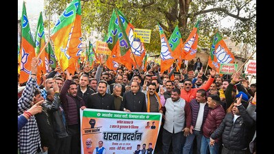 BJP leader Jai Ram Thakur during a protest against the state government in Mandi on Monday. (PTI) BJP leader Jai Ram Thakur during a protest against the state government in Mandi on Monday. (PTI)