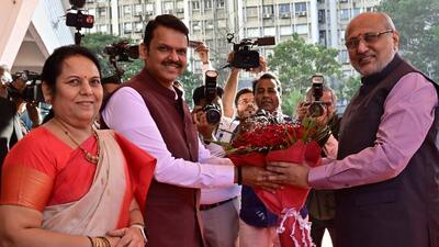 CM Devendra Fadnavis along with Neelam Gore welcomes Maharashtra Governor CP Radhakrishnan. (Anshuman Poyrekar/ Hindustan Times) CM Devendra Fadnavis along with Neelam Gore welcomes Maharashtra Governor CP Radhakrishnan. (Anshuman Poyrekar/ Hindustan Times)