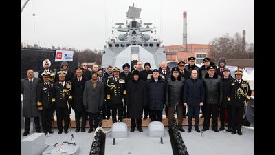 Defence minister Rajnath Singh posing for photographs with the Russian delegation during the commissioning ceremony of India's latest multi-role stealth guided missile frigate INS Tushil, in the Baltic port of Kaliningrad. (AFP) Defence minister Rajnath Singh posing for photographs with the Russian delegation during the commissioning ceremony of India's latest multi-role stealth guided missile frigate INS Tushil, in the Baltic port of Kaliningrad. (AFP)