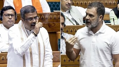 Leader of opposition in the Lok Sabha Rahul Gandhi and Union minister Dharmendra Pradhan. (Sansad TV) Leader of opposition in the Lok Sabha Rahul Gandhi and Union minister Dharmendra Pradhan. (Sansad TV)