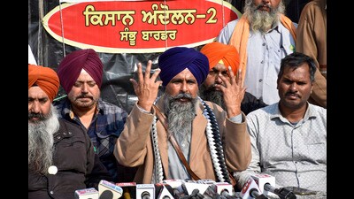 Farm leader Sarwan Singh Pandher addresses the media at Shambhu border on Monday. (PTI)
