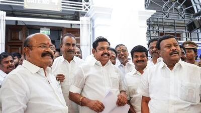 Leader of Opposition in Tamil Nadu Assembly and AIADMK chief Edappadi K. Palaniswami with party MLAs leaves after attending the Assembly session, at Fort St. George, in Chennai, on Monday (PTI) Leader of Opposition in Tamil Nadu Assembly and AIADMK chief Edappadi K. Palaniswami with party MLAs leaves after attending the Assembly session, at Fort St. George, in Chennai, on Monday (PTI)